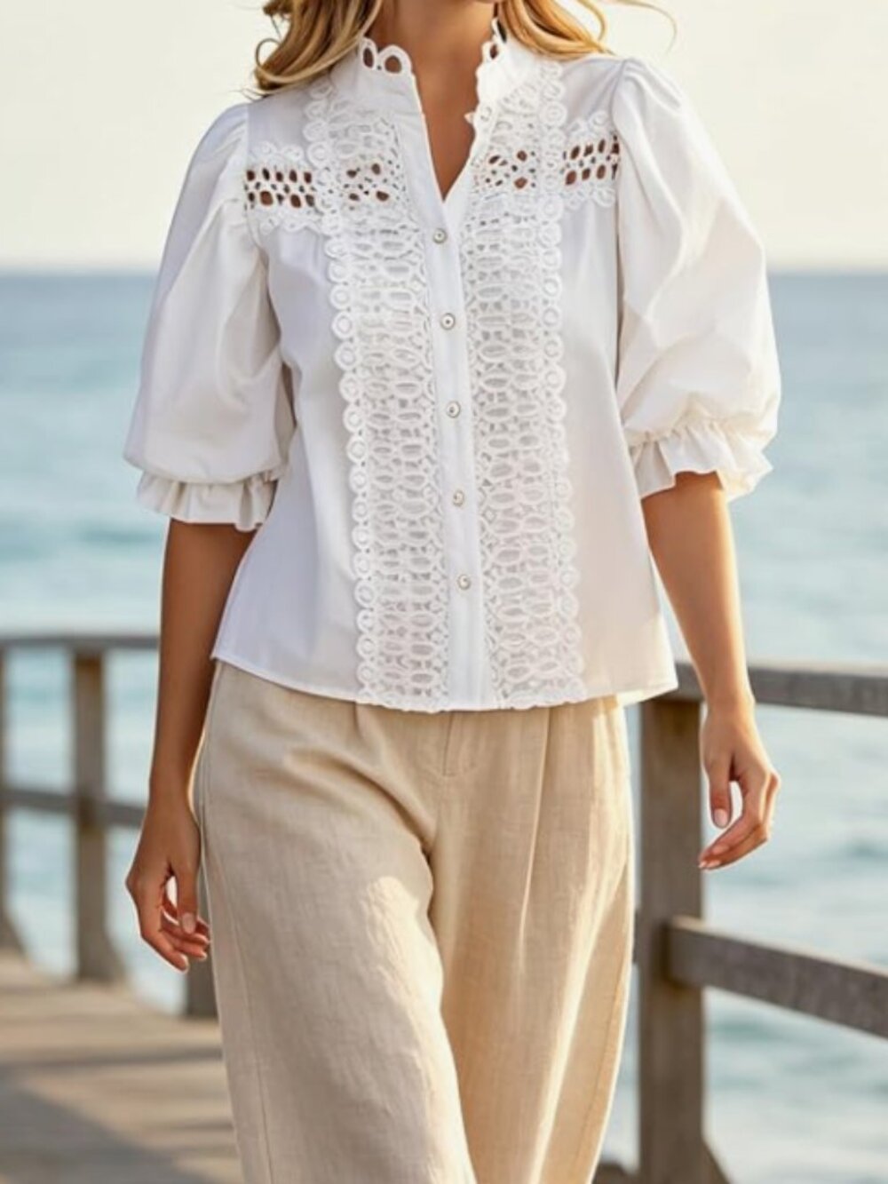 Women Lace Embroidered Eyelet Top Mock Neck Puff Ruffle Sleeve Shirt Hollow Out